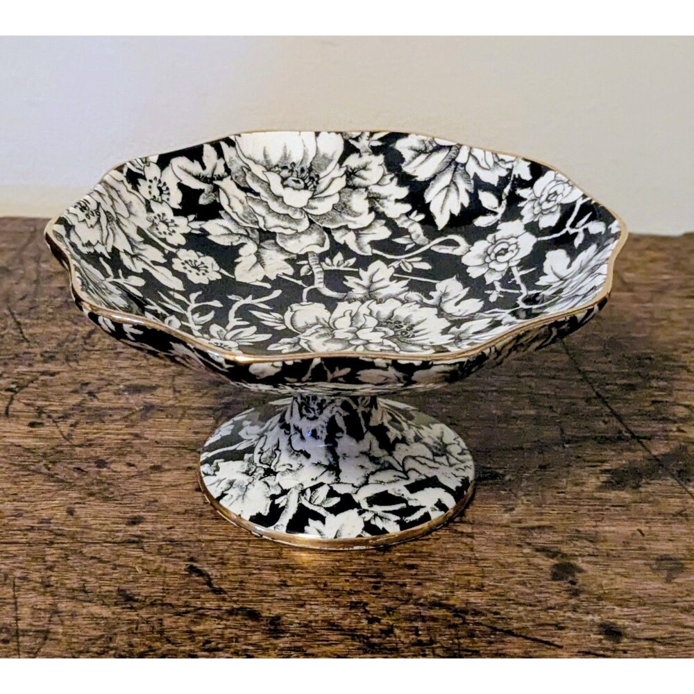 RARE Royal Winton Grimwades PEONY Black Chintz Low Pedestal Comport Dish 5"